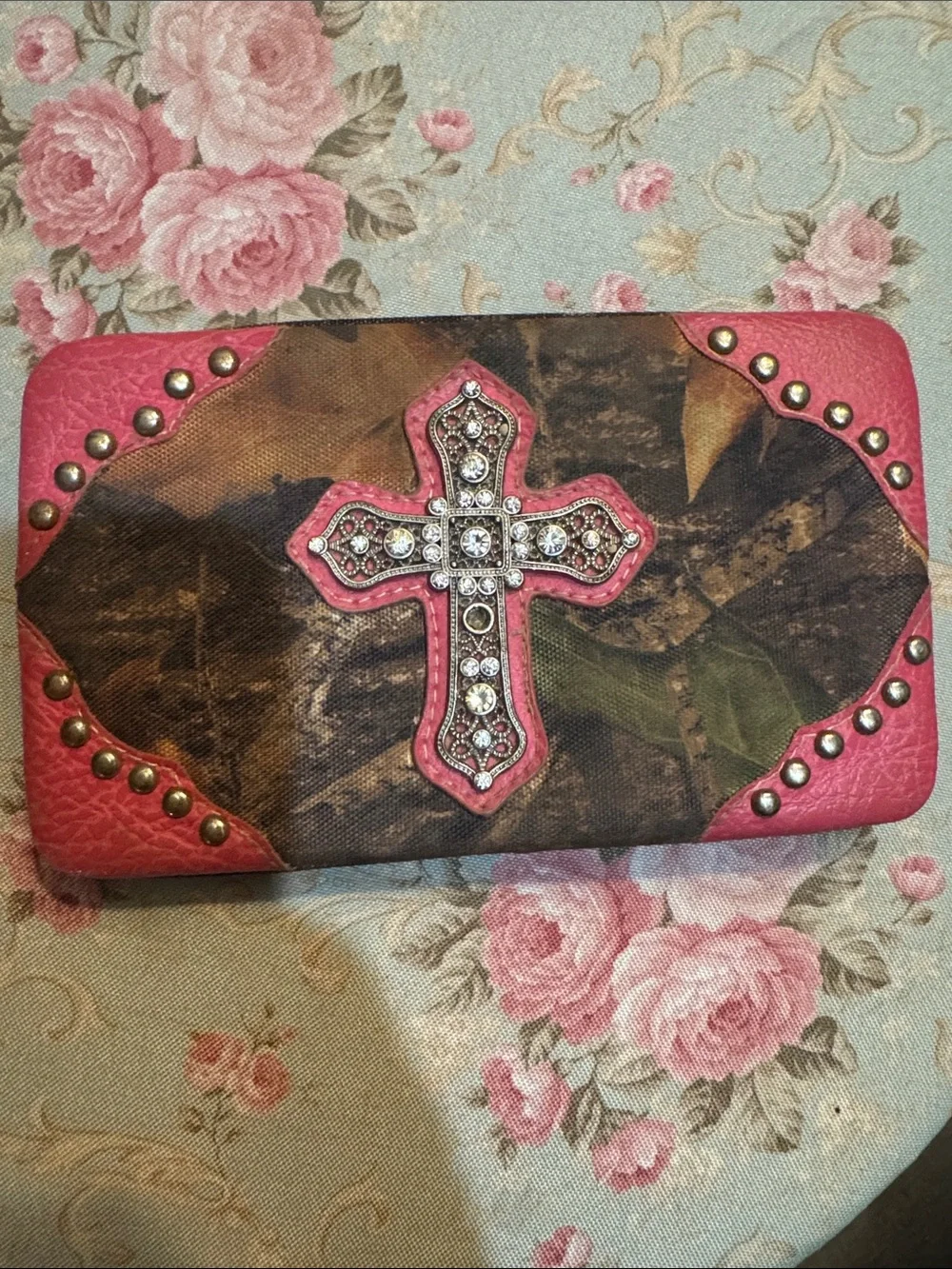 Pink Embellished Cross Women's Wallet - Rhinestone Accent